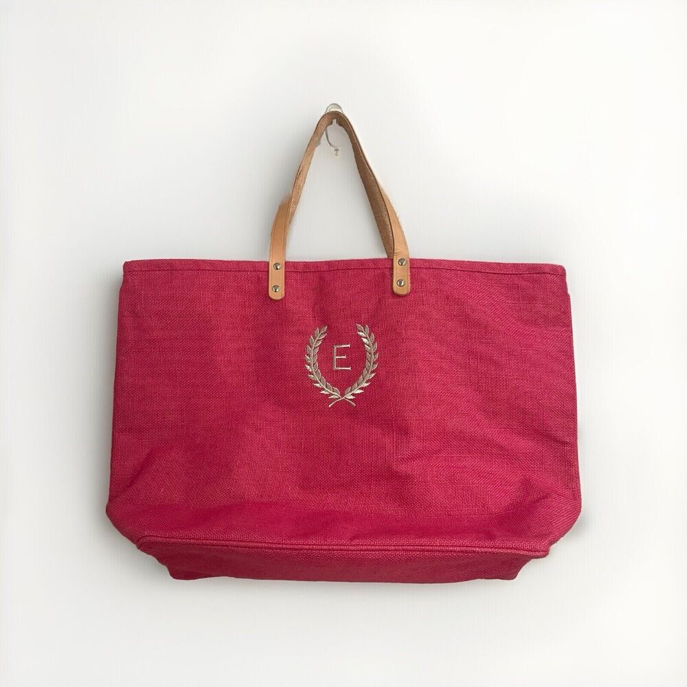 Ballard Designs Burlap Jute Pink Embroidered “E” Beach Bag Shopping Tote Large